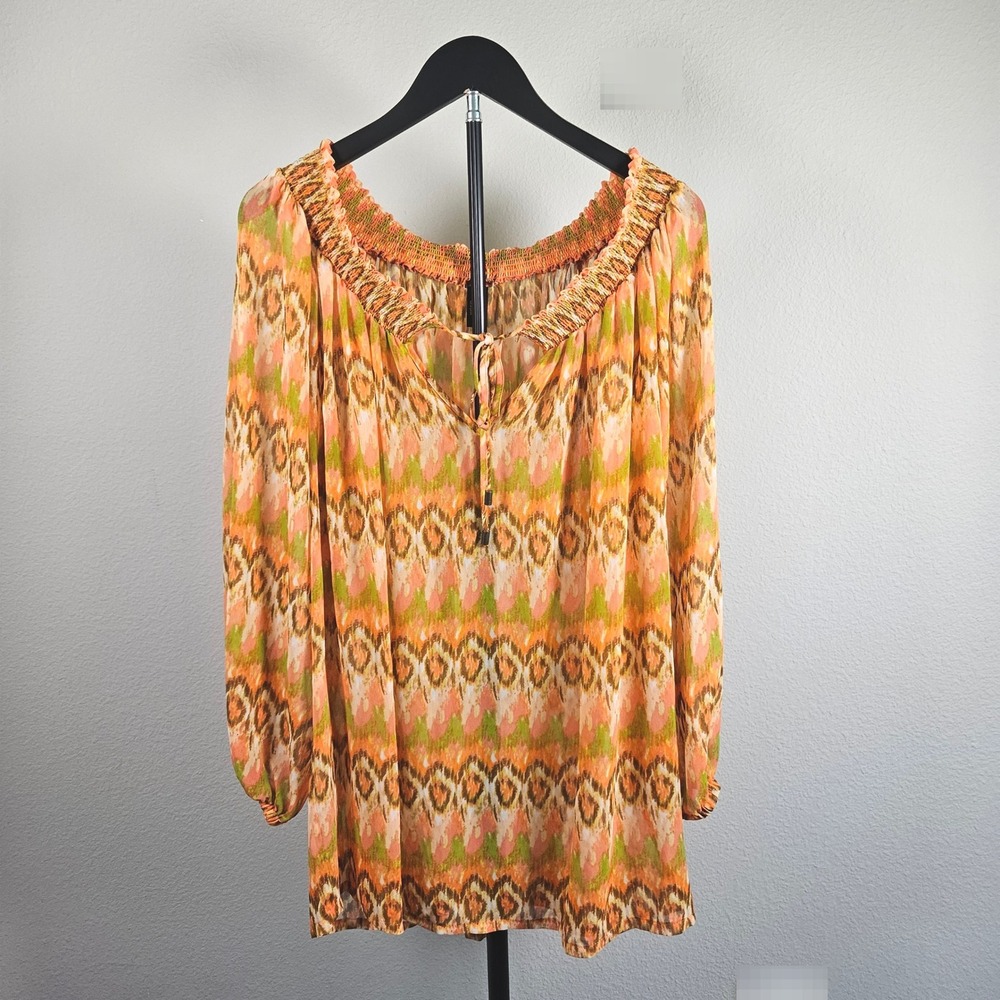 Laundry Shelli Segal Peasant Blouse Womens No Size Tag Orange Green Ikat Boho